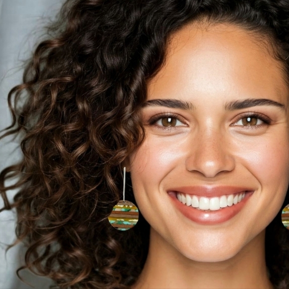 Handcrafted Wood & Resin Trendy Round Earrings With Golden Color Alloy Hooks - Picture 3 of 11